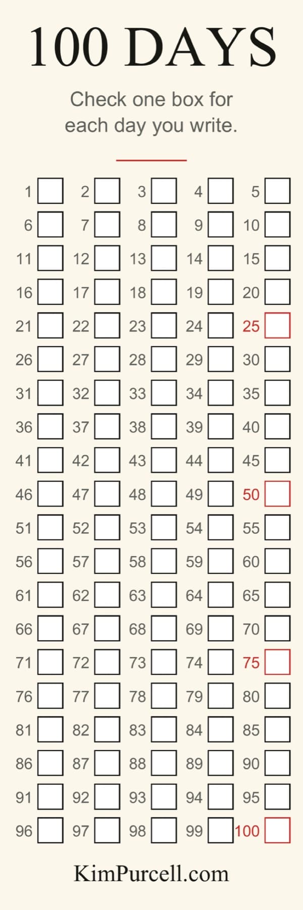 Bookmark back: a 100-day tracker with one checkbox for each day you write